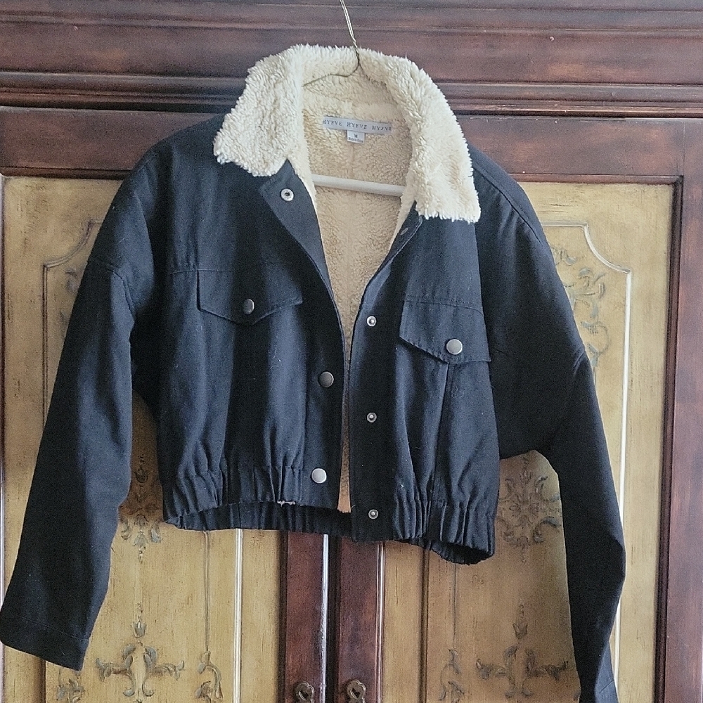 Black Cropped Jacket with Cream Sherpa Lining